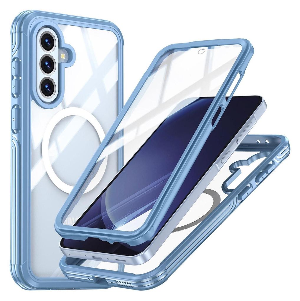 A disassembled phone case with a phone inside, shown from a diagonal angle against a white background.