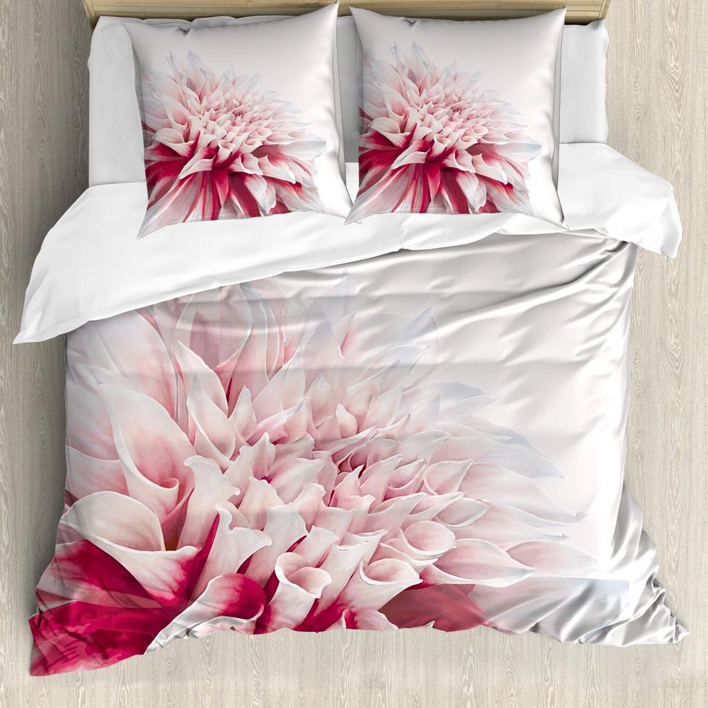 ABAKUHAUS Dahlie Bettbezug Set, Schließen Sie herauf Dahlia Blossom mit den roten und weißen Blumenblättern eine einzelne große Blume, 155 x 22...