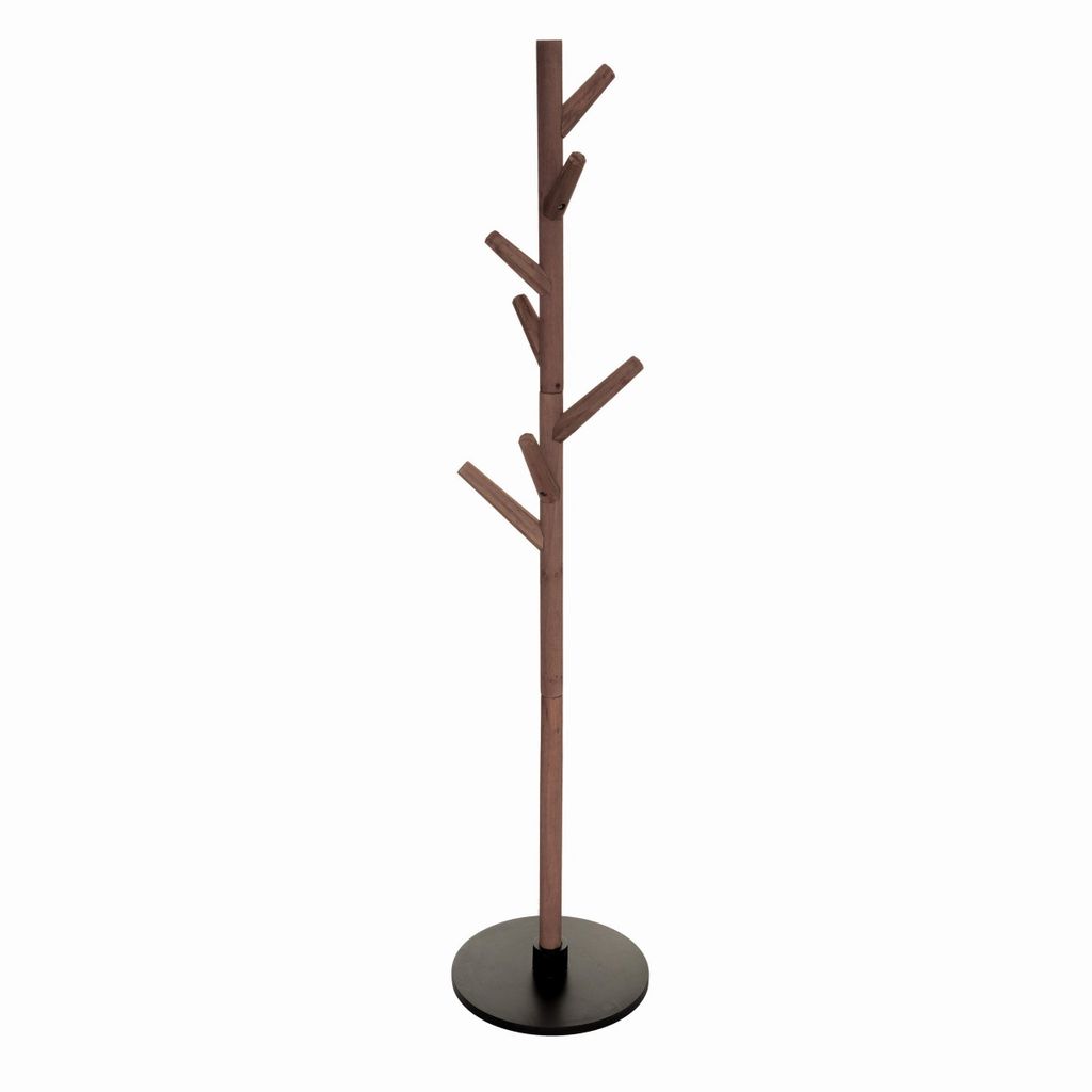 A wooden coat rack with a round base, photographed against a white background.