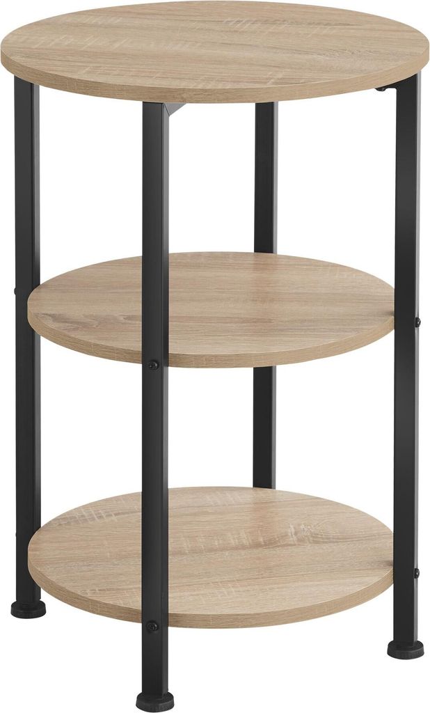 A three-tiered round side table with a light wood grain finish and black metal legs, shown against a white background.