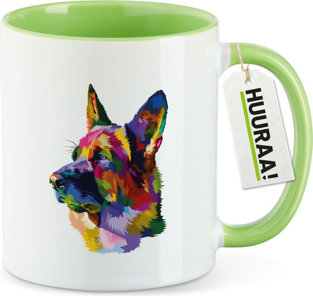 Huuraa Kaffeetasse Deutscher Schäferhund Colorful 330ml Grün Keramik Kaffeebecher Geschenkidee