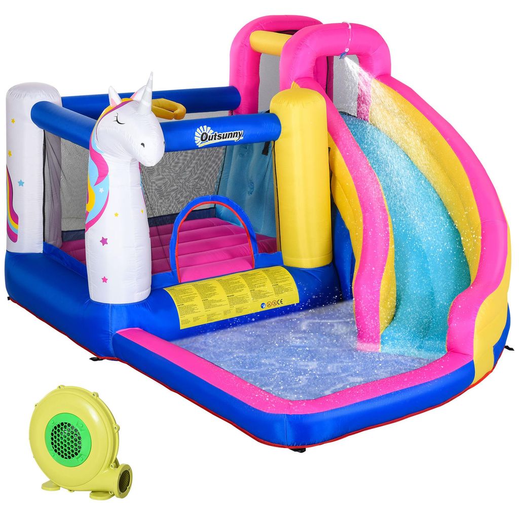 Hüpfburg im Märchendesign inkl. Gebläse, Rutsche, Wasserbecken u. Basketballkorb 360 x 305 x 210 cm
