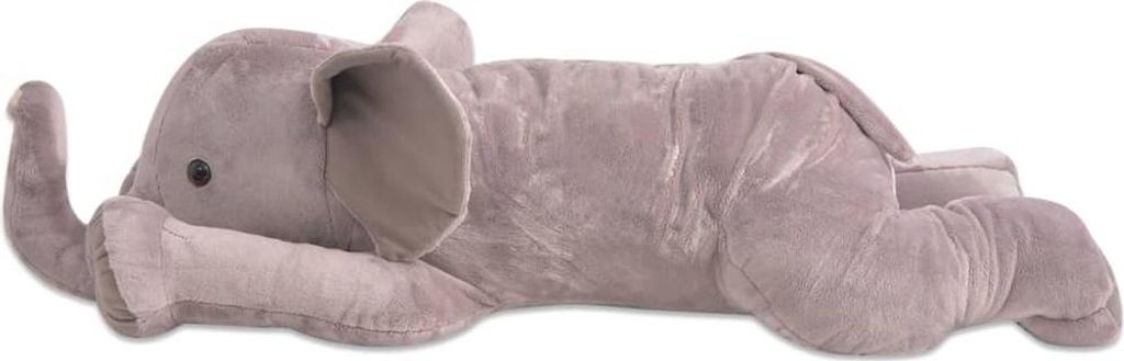 A plush elephant toy lying on its side against a white background.