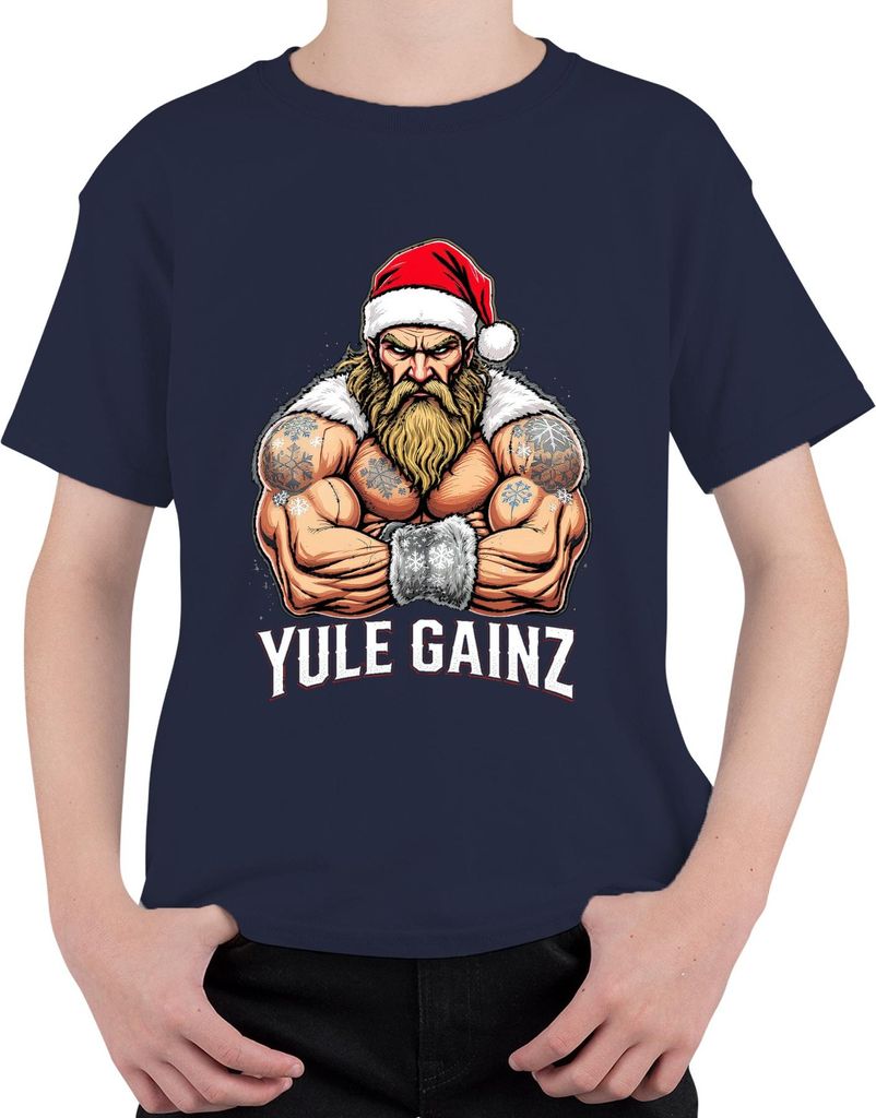 Yule Gainz Weihnachtsmann Muskel Fitness Geschenk Bart Lustig Uni Kinder T-Shirt, Navy, 128