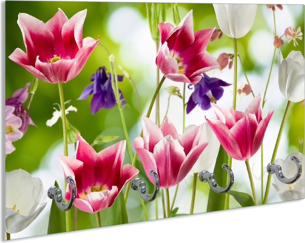 Wallario Schlüsselbrett aus Glas, Motiv: Blühende Blumen im Frühling in pink und weiß, 30 x 20 cm mit 4 Haken