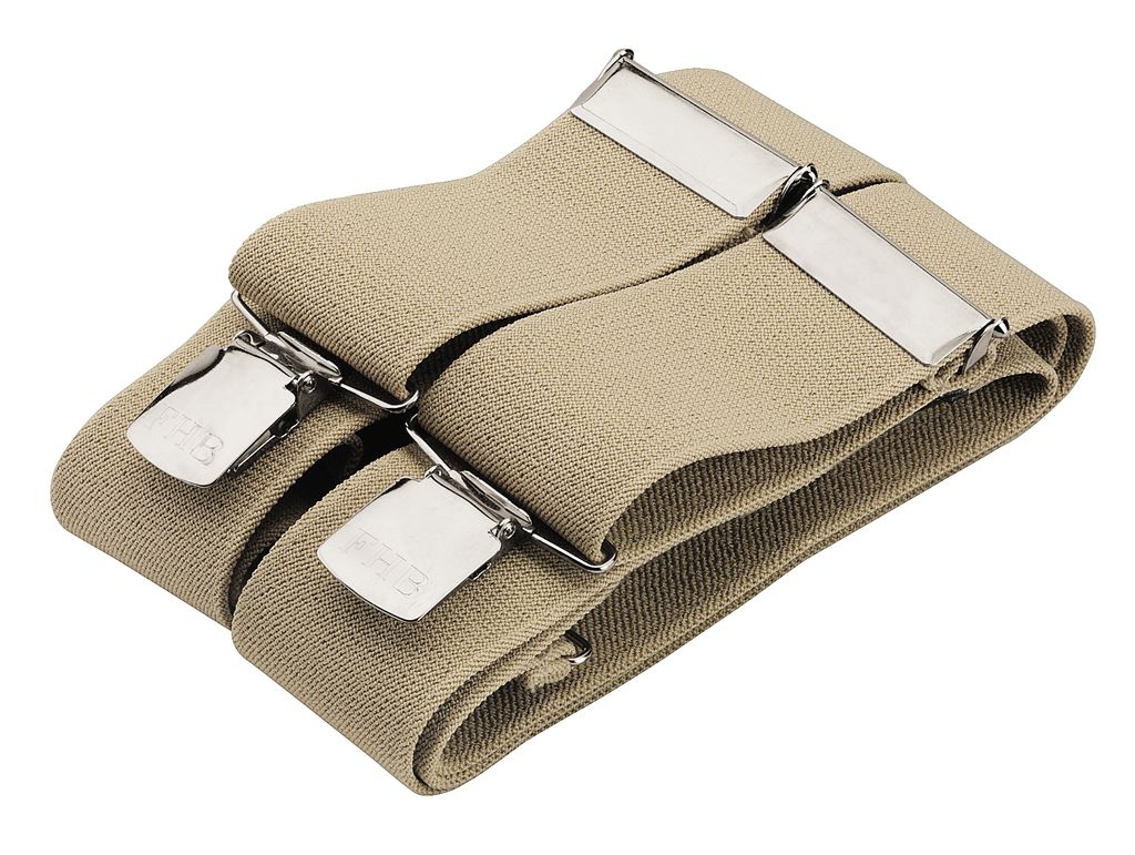 A pair of beige suspenders folded and lying on a white background.