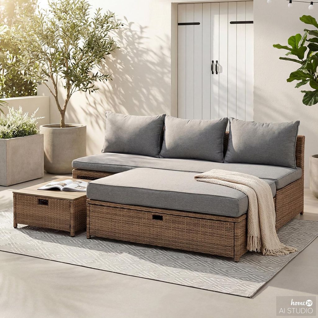 home24 Loungeset - 3-teilig - Polyrattan / Webstoff - Braun Produktbild 