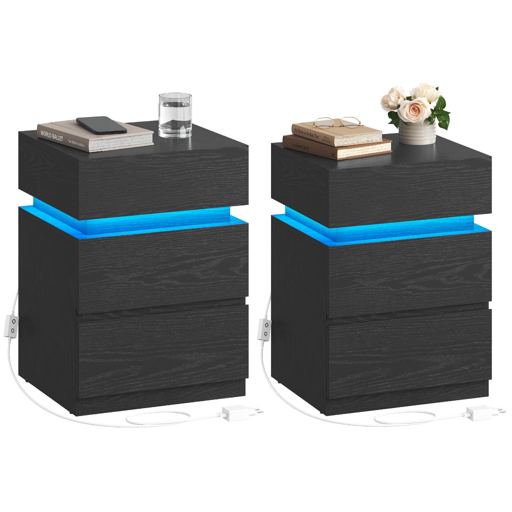 Two modern black nightstands with blue LED lighting.