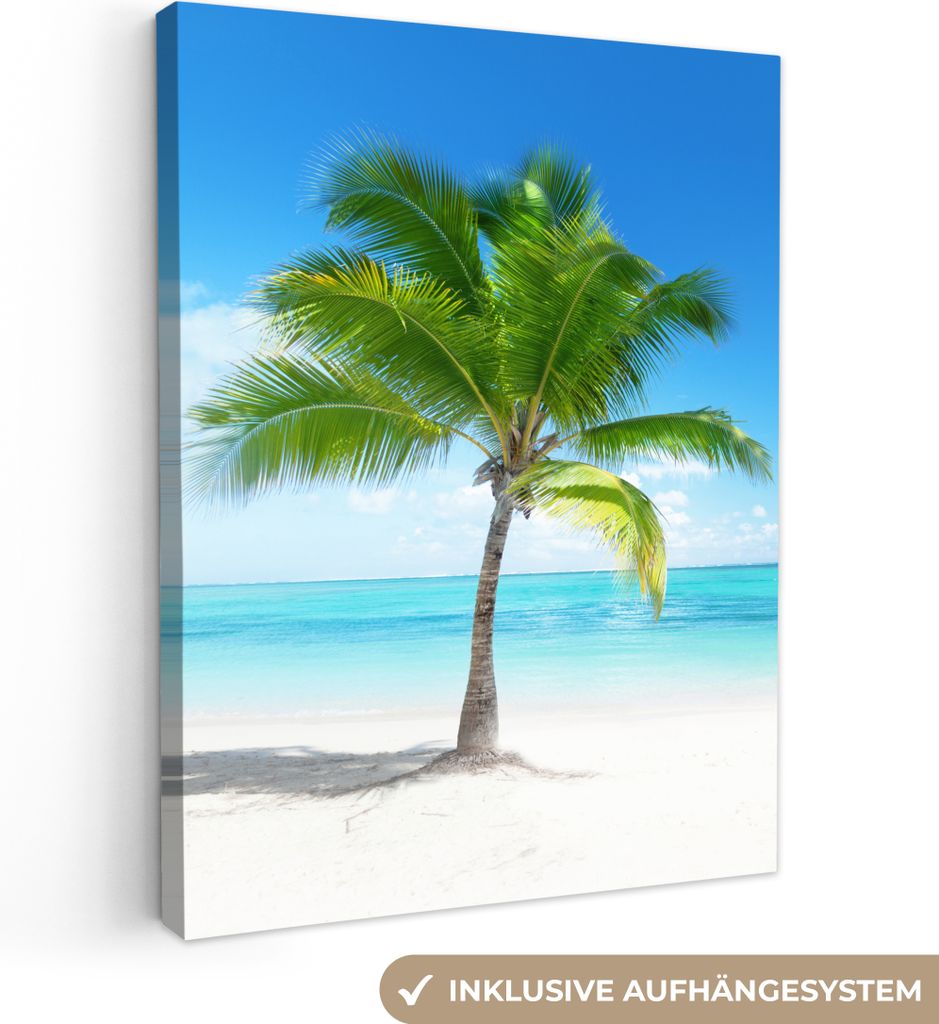 MuchoWow - Leinwandbilder - Palme - Strand - Meer - Sommer, Wandbild, Wanddeko Bilder Wohnzimmer, 90x120 cm