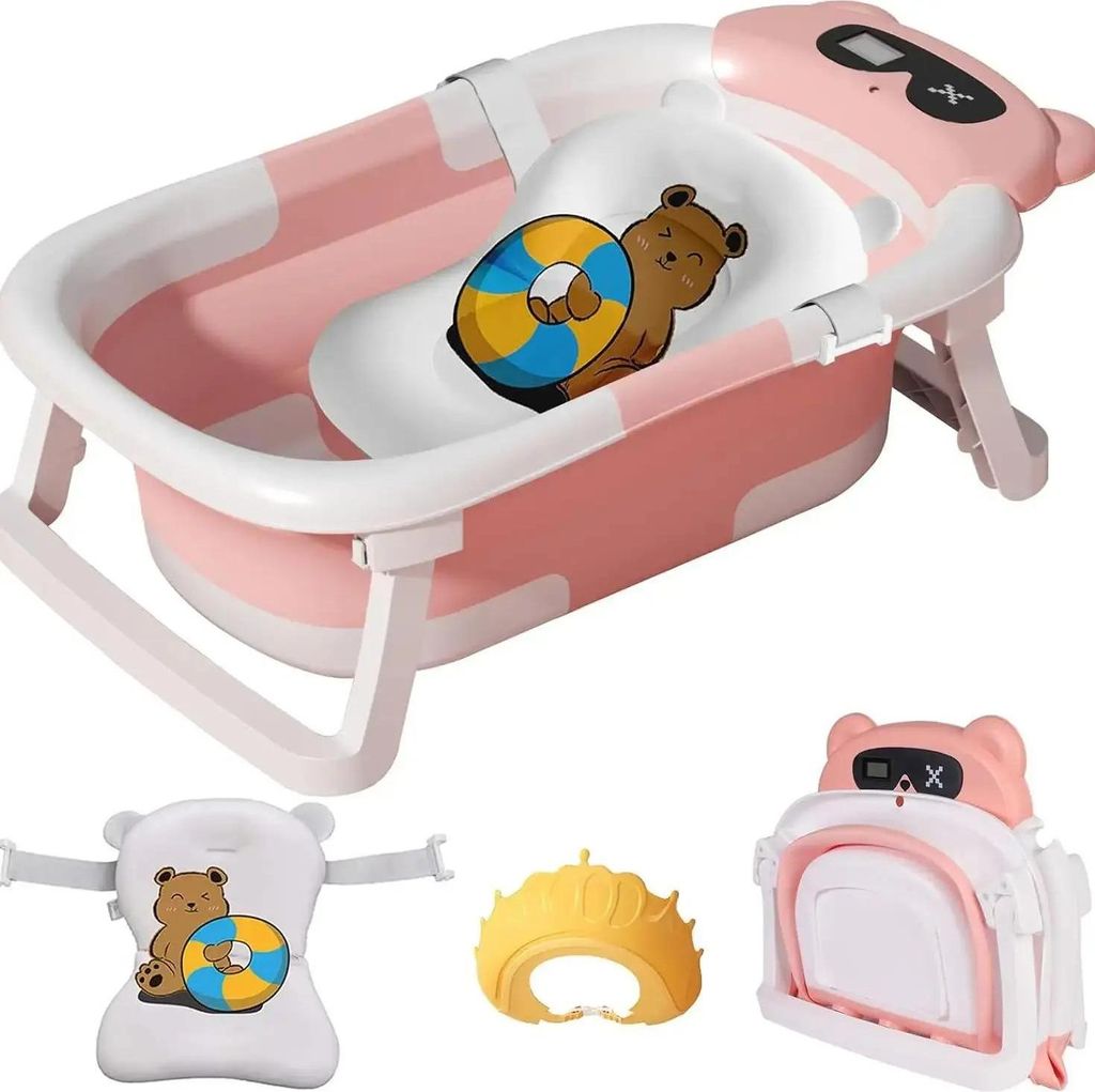 Babybadewanne - Modell A - Faltbar - Rutschfest - Temperaturanzeige - Mit Badekissen - Für 13–24 Monate - Rosa