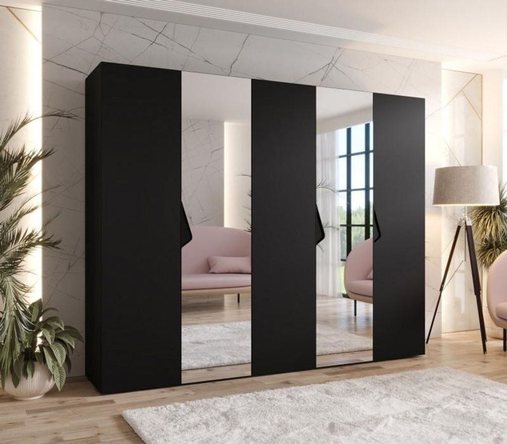 Breiter Kleiderschrank 250 cm AMARIS 2 mit Spiegel - schwarz / schwarze Griffe