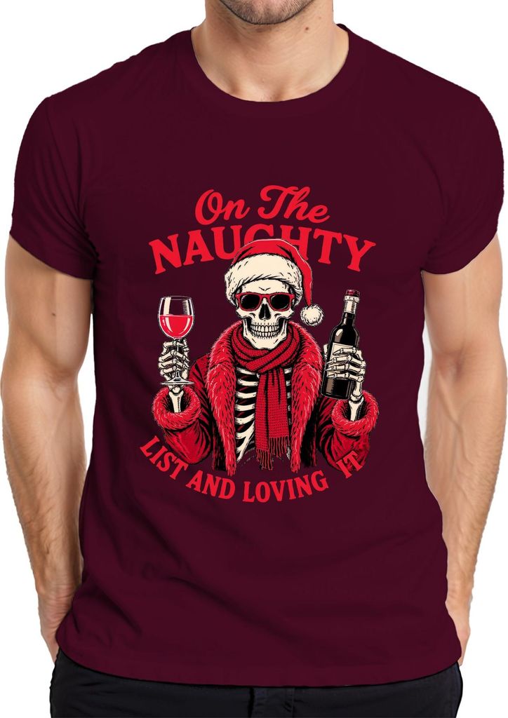 On The Naughty List And Loving It Weihnachten Totenkopf Wein Herren T-Shirt, Burgundy, M