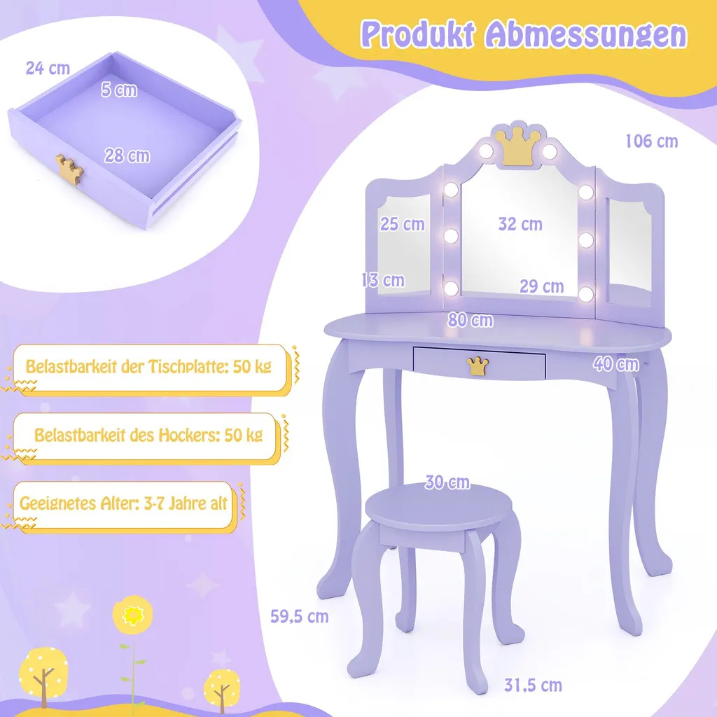 Table de Maquillage Enfant Violette avec Éclairage et Petit Tabouret - 3