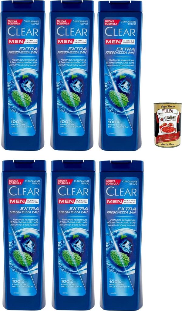 Clear Extra Freschezza 24H Men Shampoo für alle Haar- und Kopfhauttypen - Extra Frische Shampoo 6x 225ml + Italian Gourmet polpa 400g