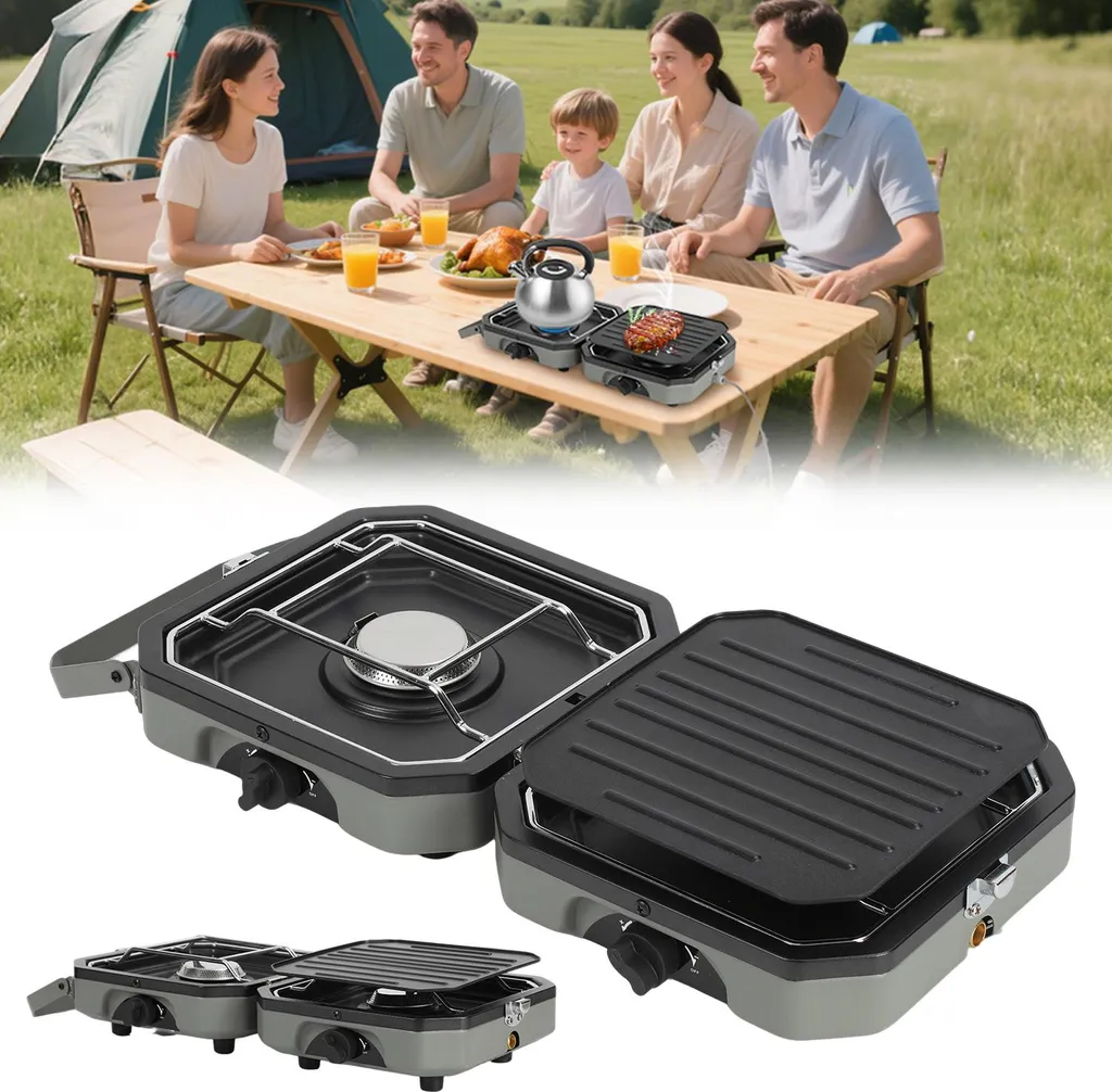 Réchaud à gaz Izrielar 2 brûleurs pliable avec plaque antiadhésive