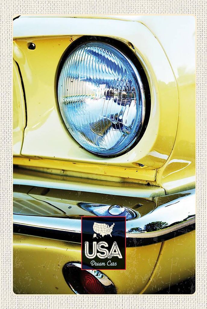 vianmo Holzschild 18x12 cm Amerika Oldtimer Scheinwerfer gelb Bildmotiv Reisemotiv USA