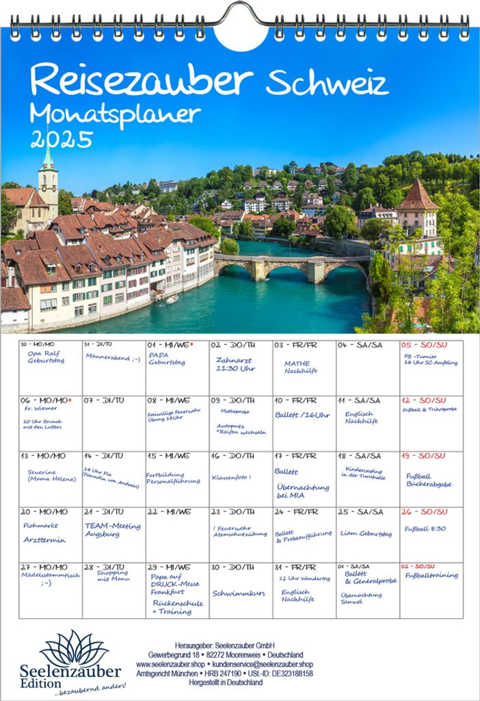 Reisezauber Schweiz Planer DIN A4 Kalender für 2025 Zürich Wandern Berge Urlaub Wandern- Seelenzauber