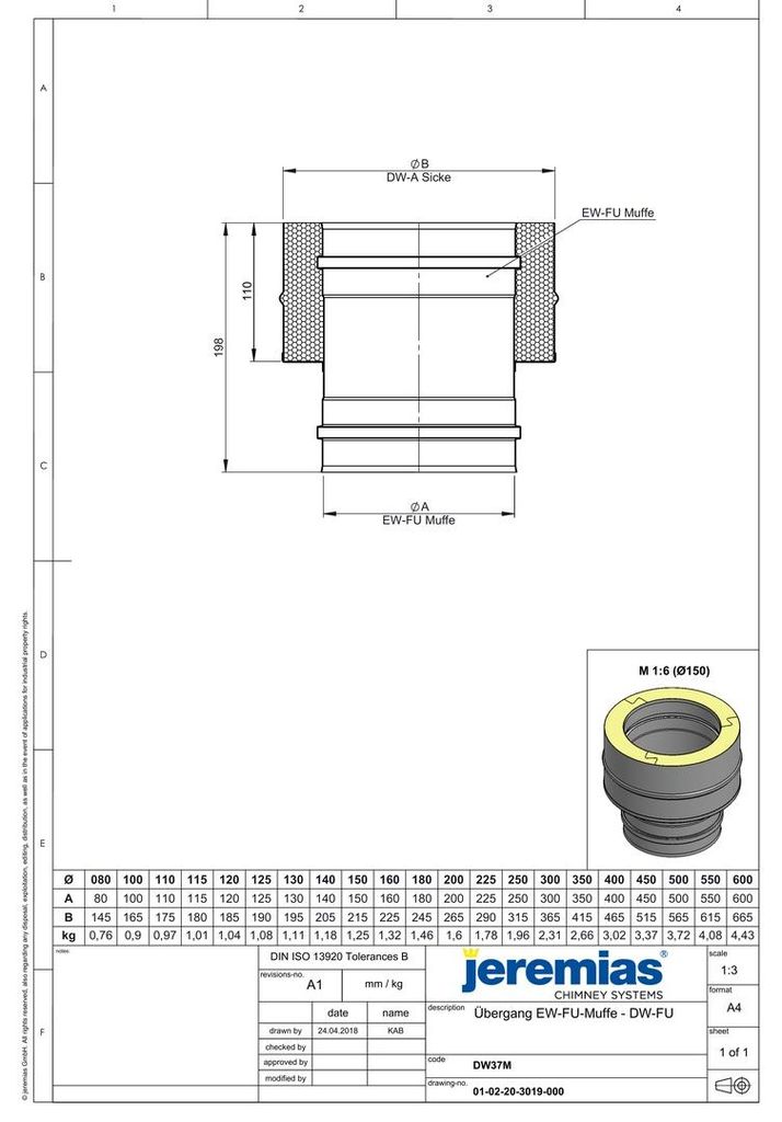 Jeremias DW-FU Übergang EW-FU Muffe 80mm Doppelwand Edelstahl Abgassystem für Öl Gas Festbrennstoffe