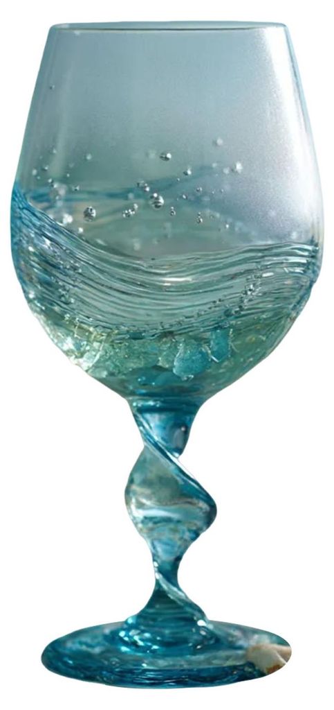 Weinglas „Ozeanwelle“ mit spiralförmigem Henkel, mundgeblasener Kaffeebecher aus Meeresglas, mattiertes Glas mit blauem Farbverlauf