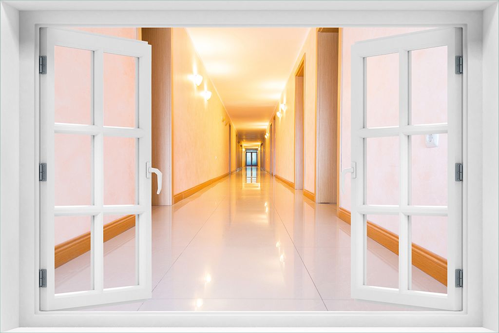 Wallario Wandbild aus Acryl, 60 x 90 cm, freischwebende Optik - Strahlend sauberer Flur mit goldenem Licht und weißen Wänden mit Fenster-Illusion