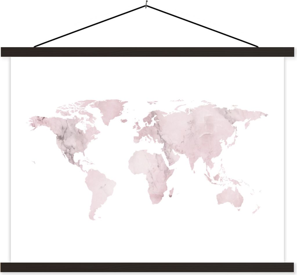 MuchoWow Textilposter Weltkarte - Rosa - Marmor 60x45 cm mit schwarzem Rahmen - Poster Schlafzimmer