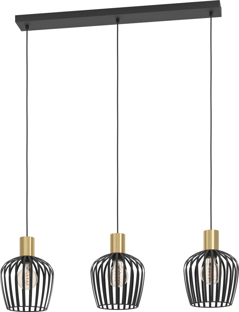 EGLO Hängelampe Empoli, 3-flammige Pendelleuchte über Esstisch, Esszimmerlampe Retro aus Metall in Schwarz und Messing, Hängeleuchte mit E27 Fas...