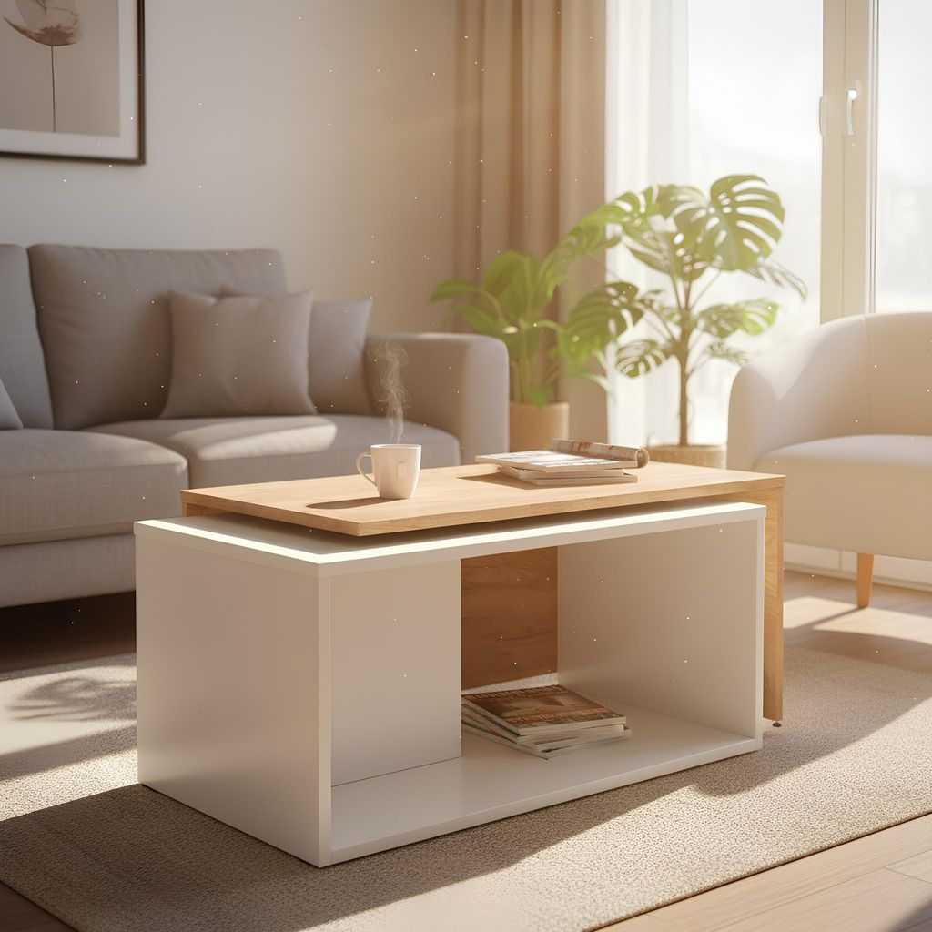PLATAN ROOM Couchtisch Kaffeetisch eiche-weiß 2er Set 90x48x40 cm, moderner Wohnzimmertisch, Sofatisch mit Stauraum, Satztisch