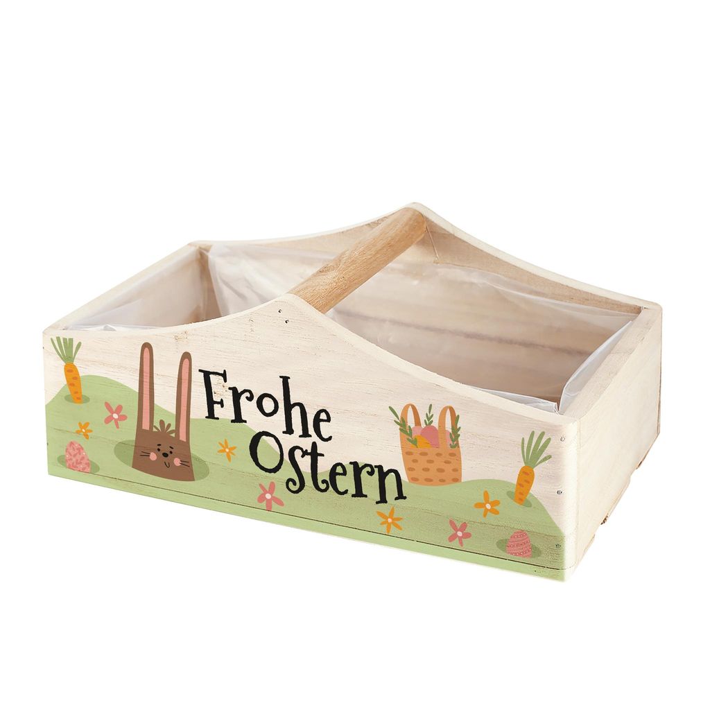 Oster Geschenkkorb aus Holz „Frohe Ostern“ – Pflanzkorb als Osterkorb mit Hasenmotiv, 3 Varianten (1 Griff)