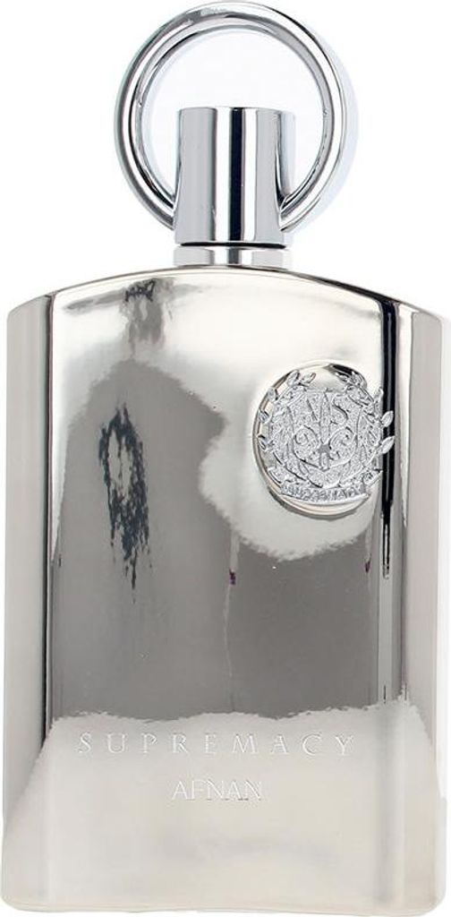 A silver perfume bottle with a circular handle on top.