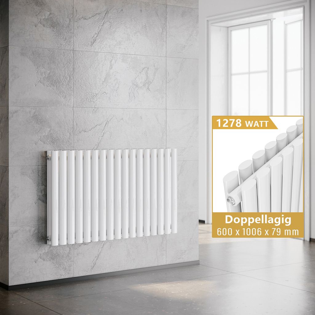 A white radiator mounted on a tiled wall, with a close-up inset showing product details.