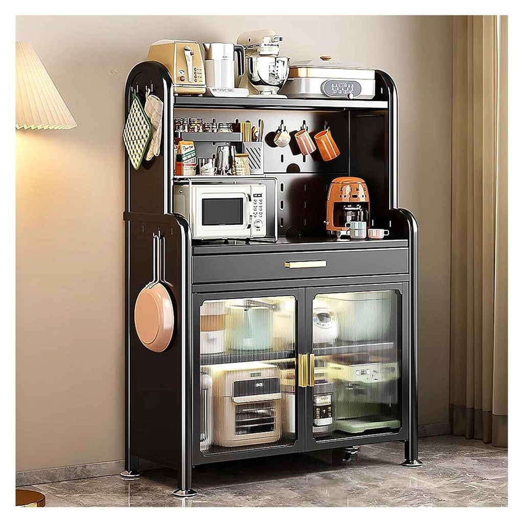 5-stöckiges weißes Bäckereiregal mit verstellbaren Regalen und Doppeltürschublade, Küchenregal für Mikrowelle, Kaffee Bar Schrank 147,5 × 80...