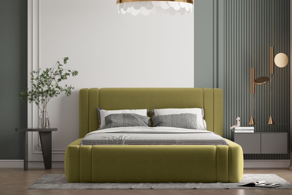 Polsterbett ROLF -OM 140 x 200 cm mit Bettkasten und Lattenrost. Farbe: Grün
