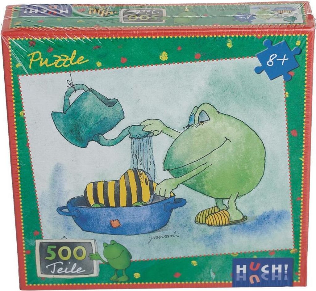 A puzzle box featuring a cartoon illustration of a frog giving a striped creature a bath.