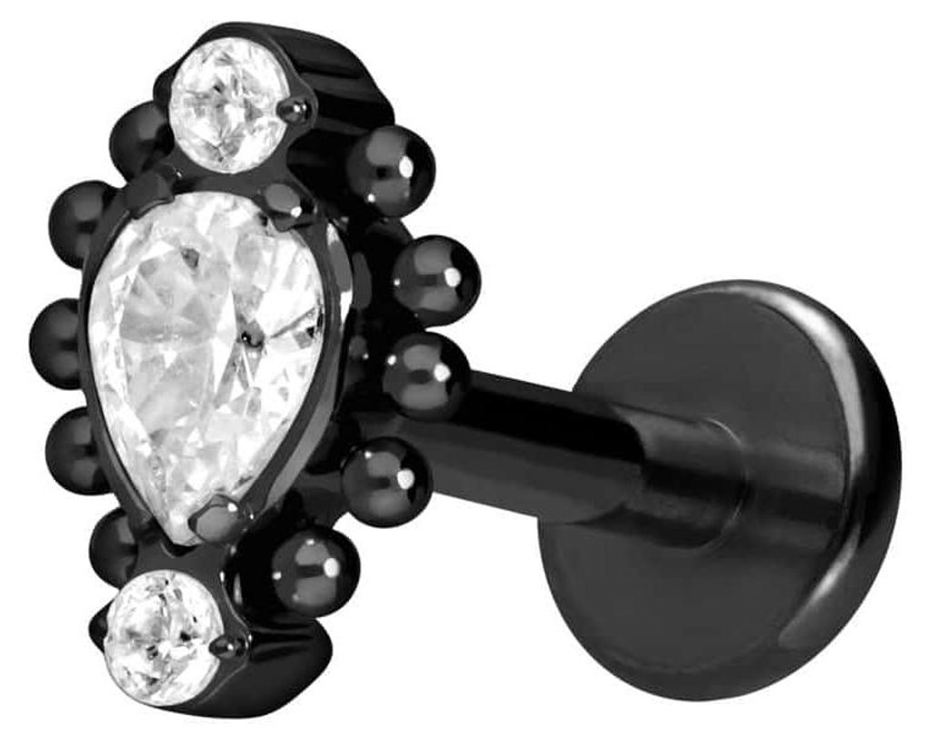 Ohrpiercing, Nasenpiercing Titan Labret mit Innengewinde 3 EINGEFASSTE KRISTALLE + KUGELN Schwarz Stablänge: 7mm | Stabstärke: 1,2mm