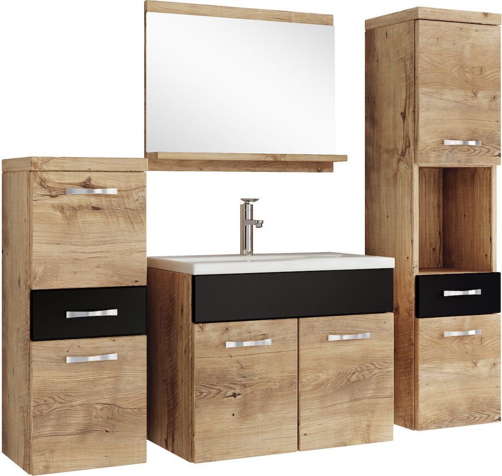Badezimmer Badmöbel-Set Alba 60cm Waschbecken Kastanien Eiche mit Schwarz - Unterschrank Hochschrank Waschtisch Möbel