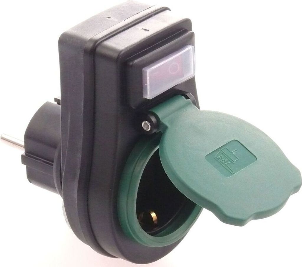 Schuko Stecker Adapter mit Schalter Steckdose Zwischensteckdose Adapterstecker für den Außenbereich in schwarz-grün
