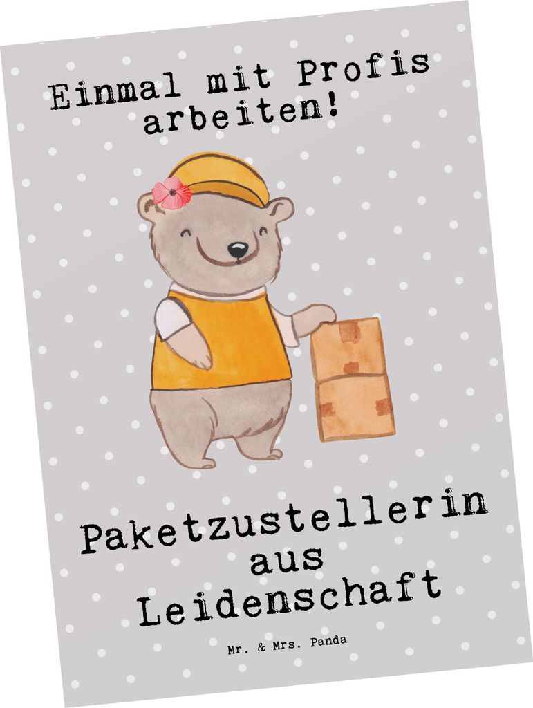 Mr. & Mrs. Panda Postkarte Paketzustellerin Leidenschaft - Grau Pastell - Geschenk, Ansichtskarten, Lustig, Spruch, Paketbotin, Witzig, bildkarte, ...