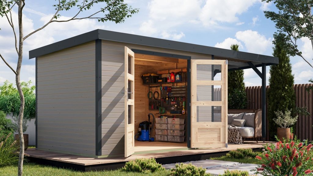 Karibu Gartenhaus Hybridhaus Metall Jupiter 4 im Set mit Anbaudach ca. 2,35 m breit wassergrau 514,5x213,5x209 cm