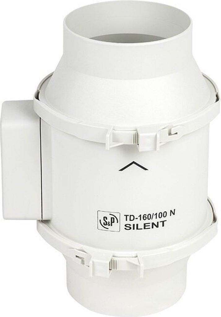 A white inline duct fan with a white background.