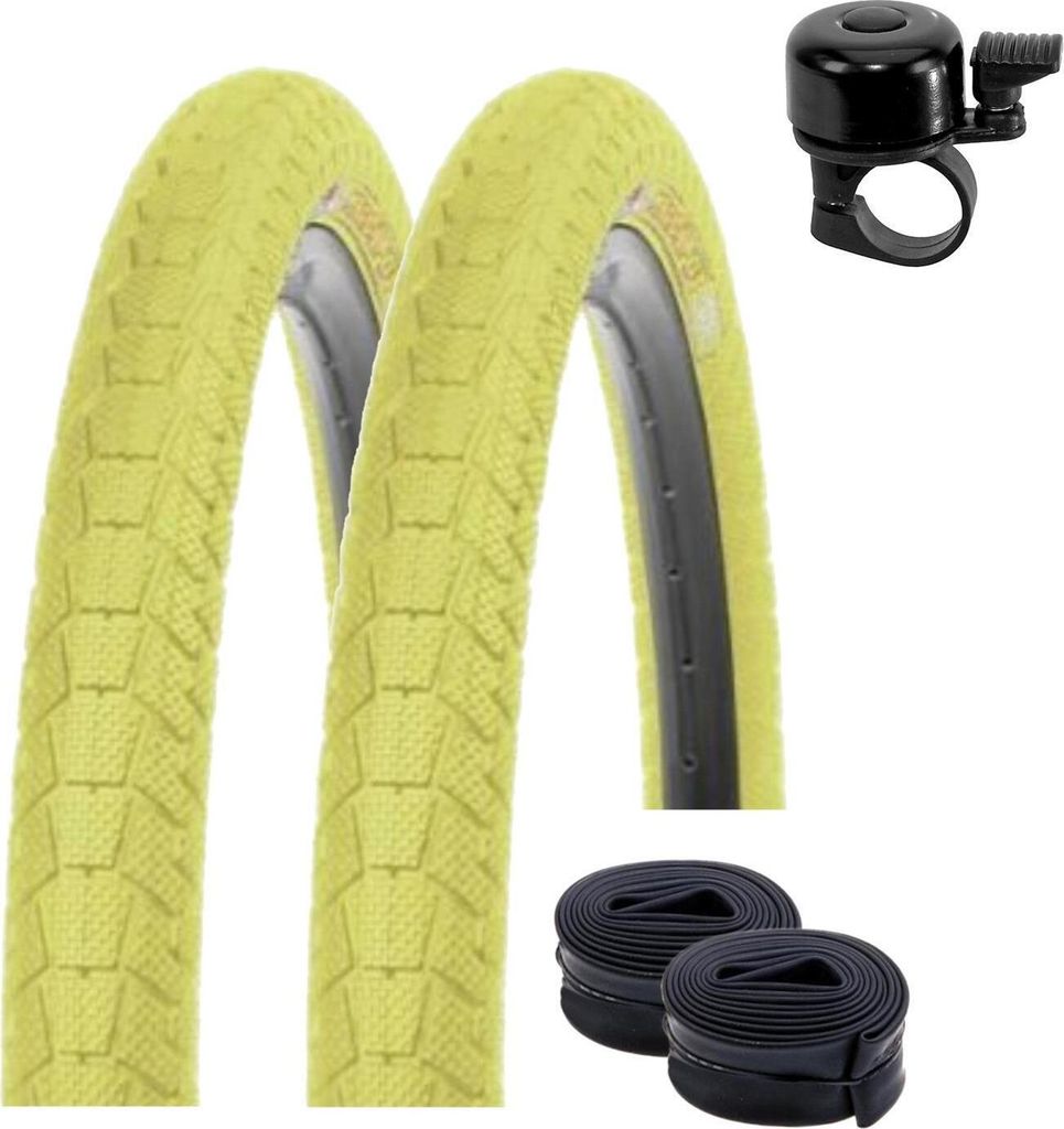 2 x Kenda K-907 Krackpot 20" BMX Fahrradreifen Fahrradmantel in Gelb 50-406 (20 x 1.95) + 2 passende Schläuche AV inkl. Fahrradklingel