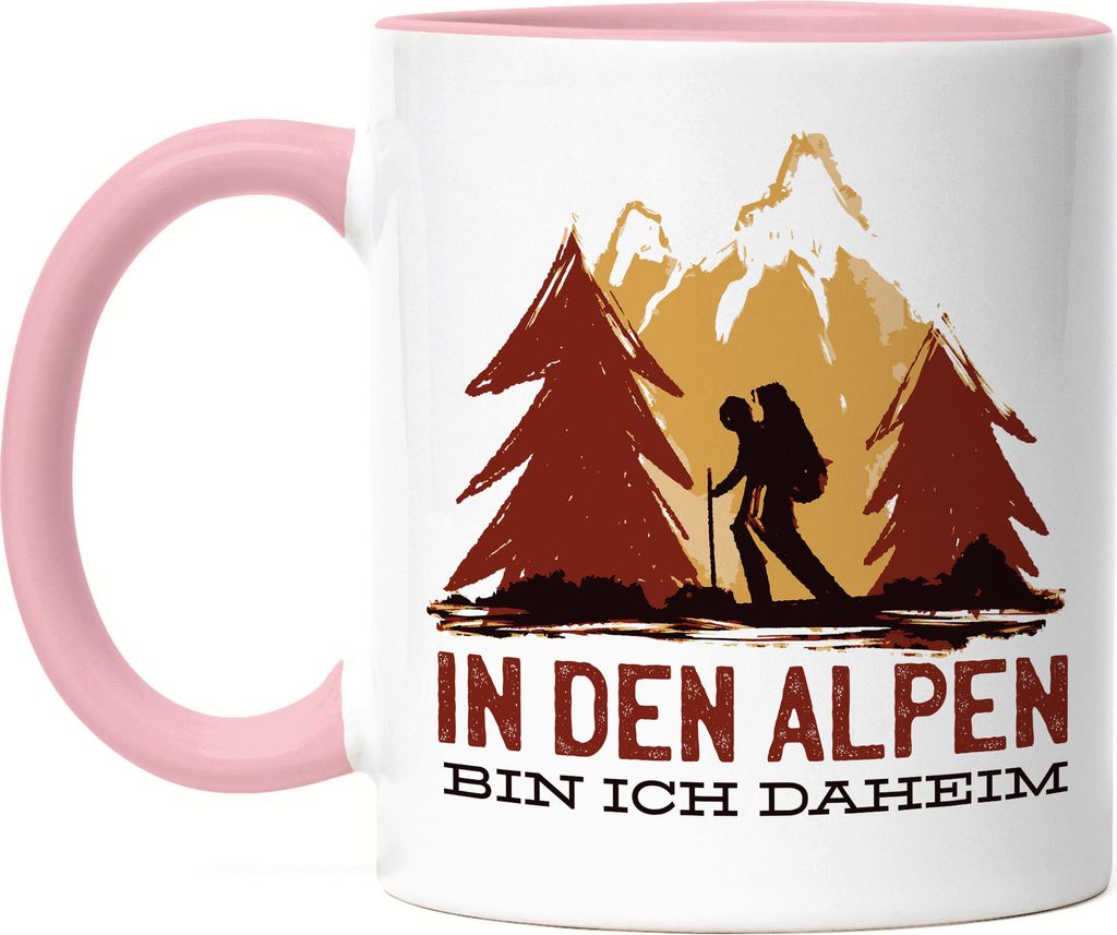 In Den Alpen Bin Ich Daheim Tasse Rosa Berge Hügel Bergsteigen Wandern Sport Sportler Gipfel Montain