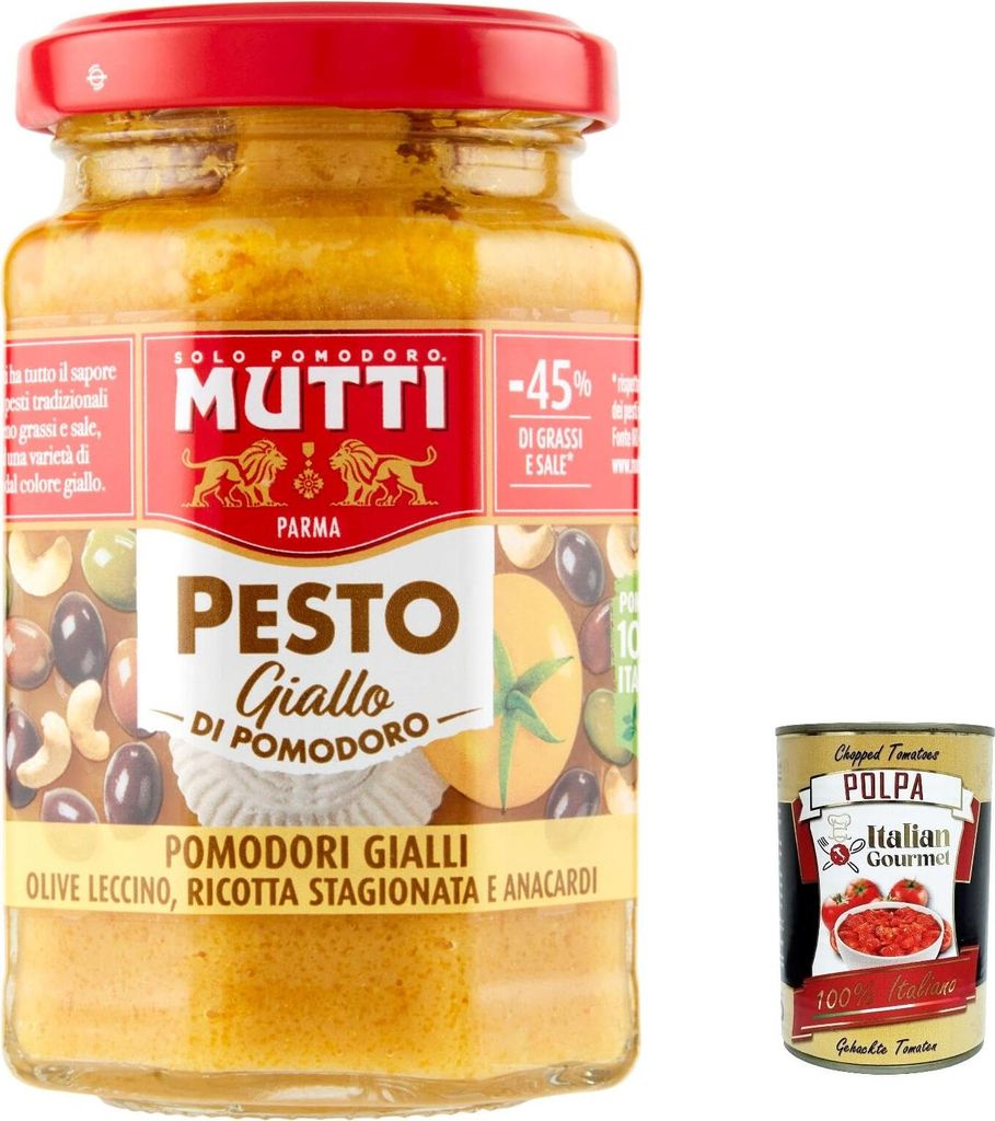 12x Pesto di Pomodoro giallo, Pesto mit gelben Tomaten, Oliven, erfahrener Ricotta und Anacardi 190g + Italian Gourmet polpa 400g