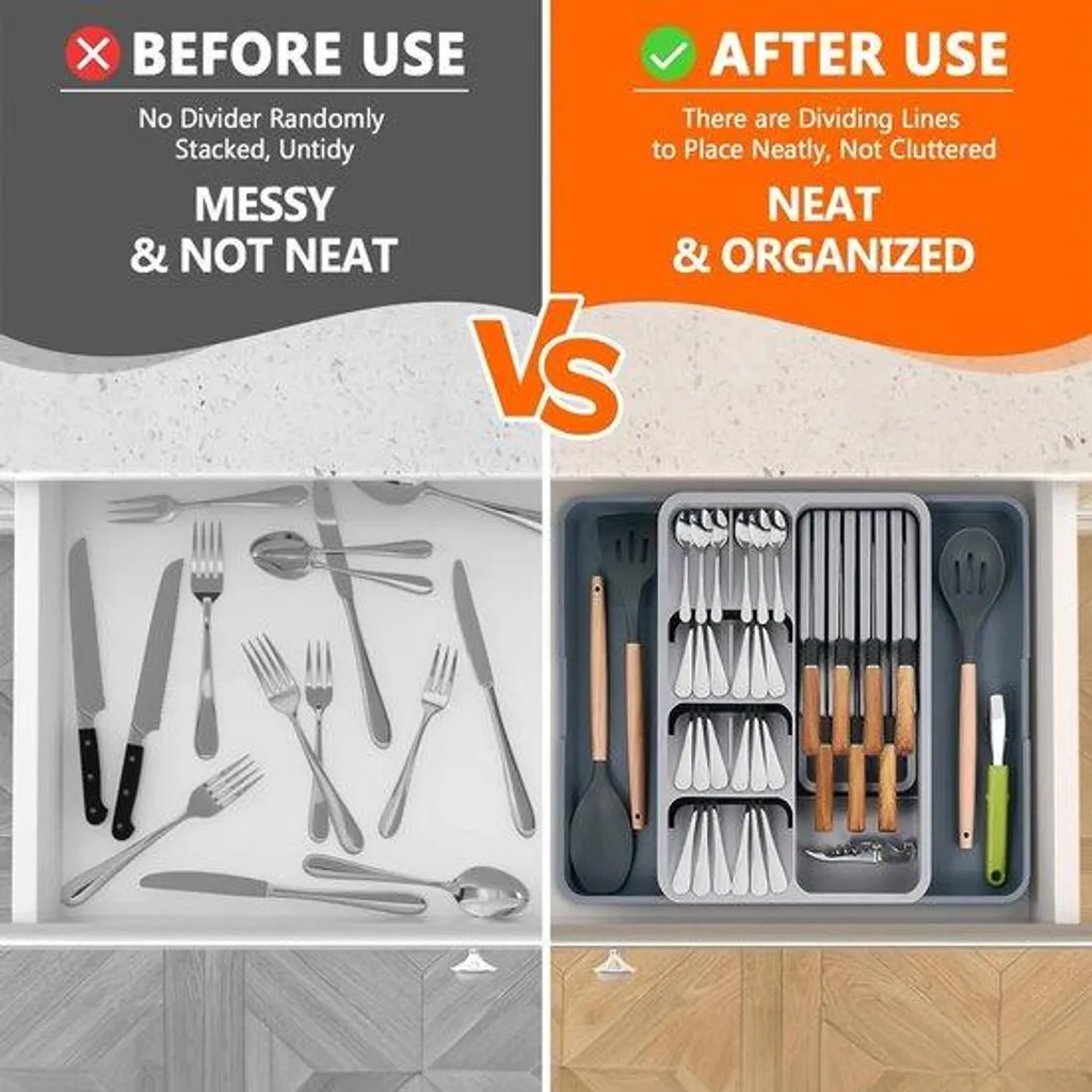 Tiroir à couverts modulable 3 en 1 ajustable pour organisation cuisine