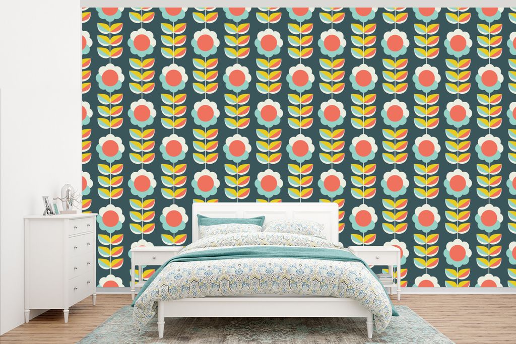 MuchoWow Fototapete für Wohnzimmer oder Schlafzimmer Wandtapete Vinyl Motivtapete Retro - Blumen - Skandinavisch - 405x260 cm - Die Küche