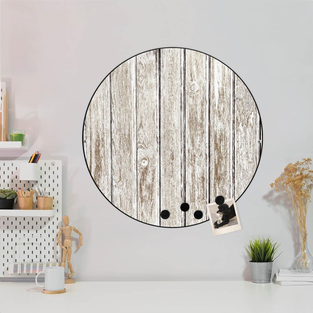 Design Stahlmagnettafel Schwarz Rund 47cm Weißes Holz