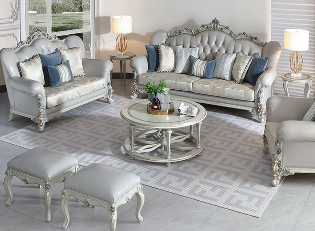 Graue Sofagarnitur Designer 3-Sitzer Couchtisch 2x Hocker Edle Möbel