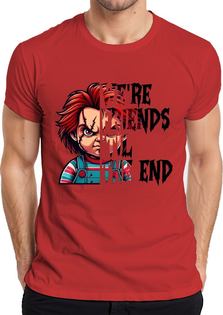 Chucky Puppe Horror Grusel Halloween Narbe Latzhose Rot Haar Herren T-Shirt, Rot, 3XL