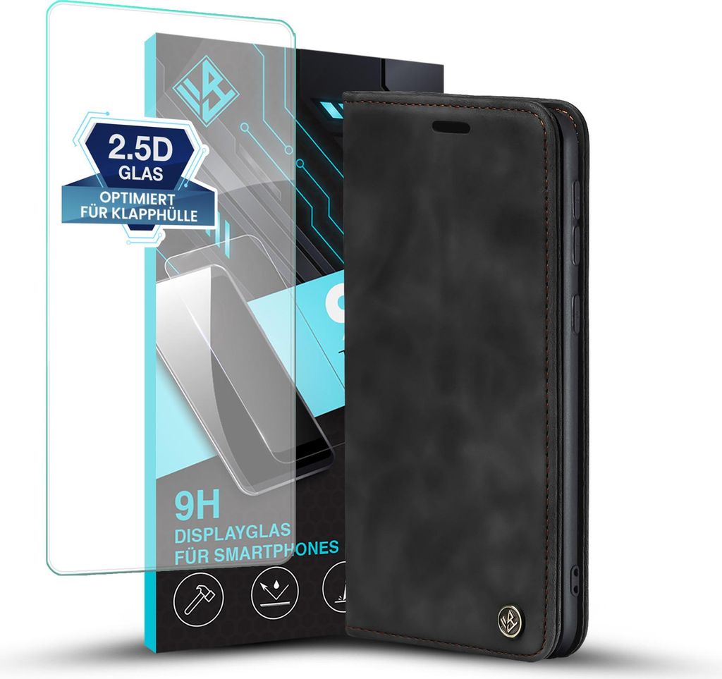 Handy Hülle für Xiaomi Redmi Note 14 mit 9H Displayglas Klapphülle Bookcase Flip Cover Handy Tasche Etui Farbe: Schwarz