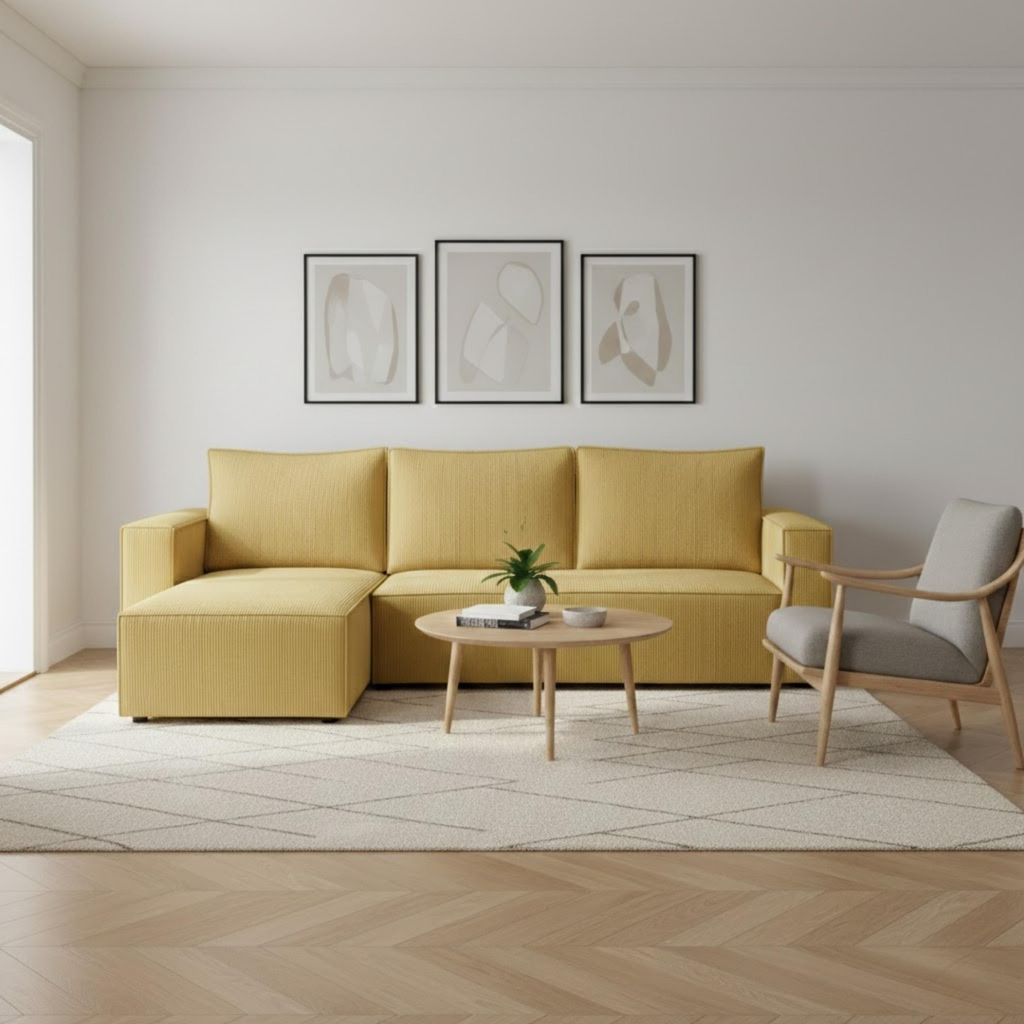 Couch L Form - Mit Schlaffunktion und Bettkasten - Links - 235x76x147 cm - Gelb - Kleine Sofaecke - Wohnlandschaft L Form - Schlafsofa Modern