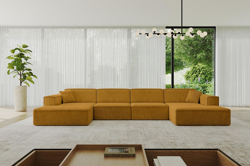 ALTDECOR Ecksofa in U-Form IREA-U2-v4 386x165x77 cm Senfgelb Corner Sofa Bett Eckcouch Couch L-Form Wohnlandschaft Cauchsofa